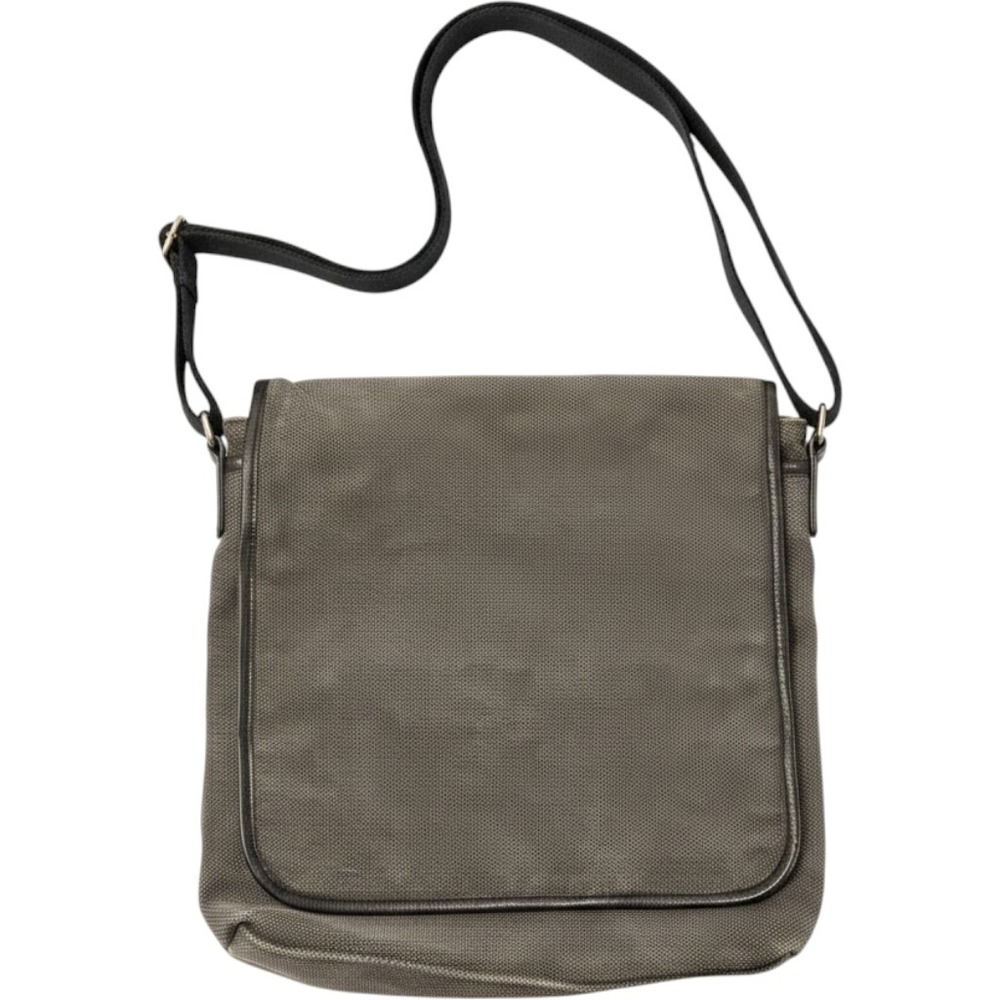 Levenger Gray Canvas Messenger Bag Black Leather Trim Vintage Early 2000s Y2K